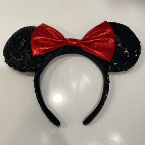 Disney Ears Headband Black Sequins Shiny Red Bow